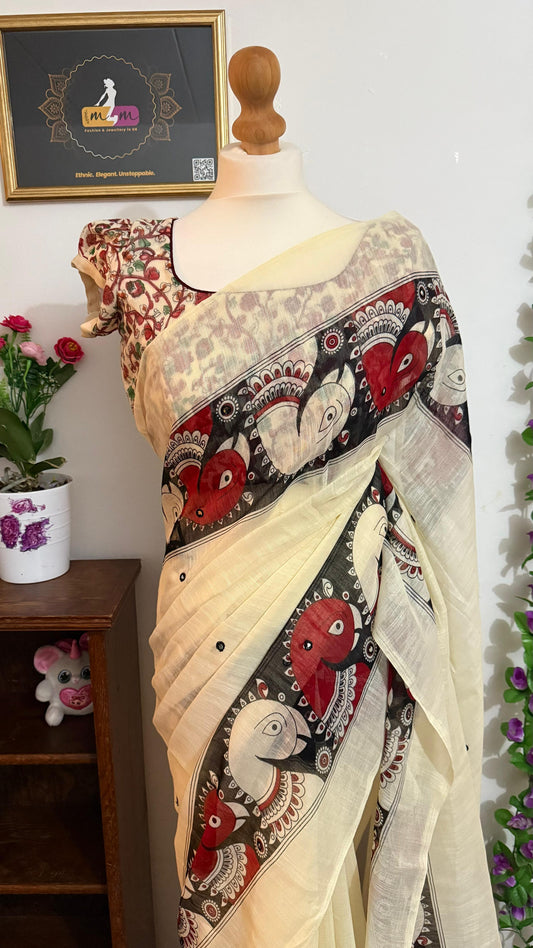 Lenin mirror cotton sarees with kalamkari print with stitched blouse