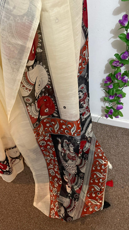 Lenin mirror cotton sarees with kalamkari print with stitched blouse