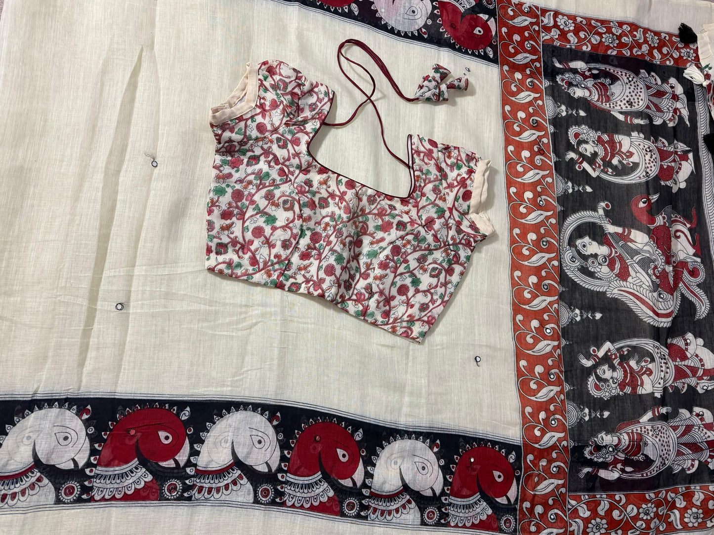 Lenin mirror cotton sarees with kalamkari print with stitched blouse