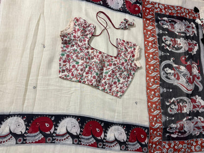 Lenin mirror cotton sarees with kalamkari print with stitched blouse