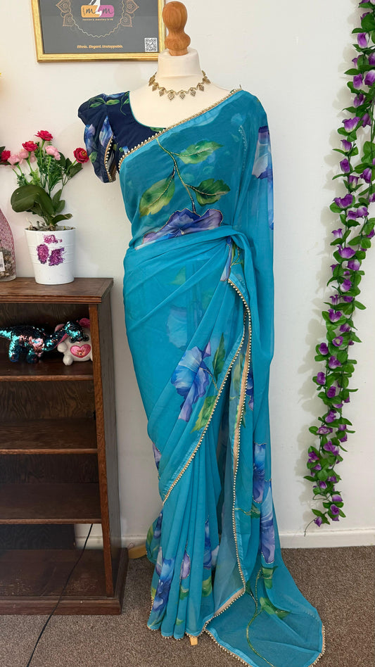 Floral Partywear georgette Saree with stitched blouse