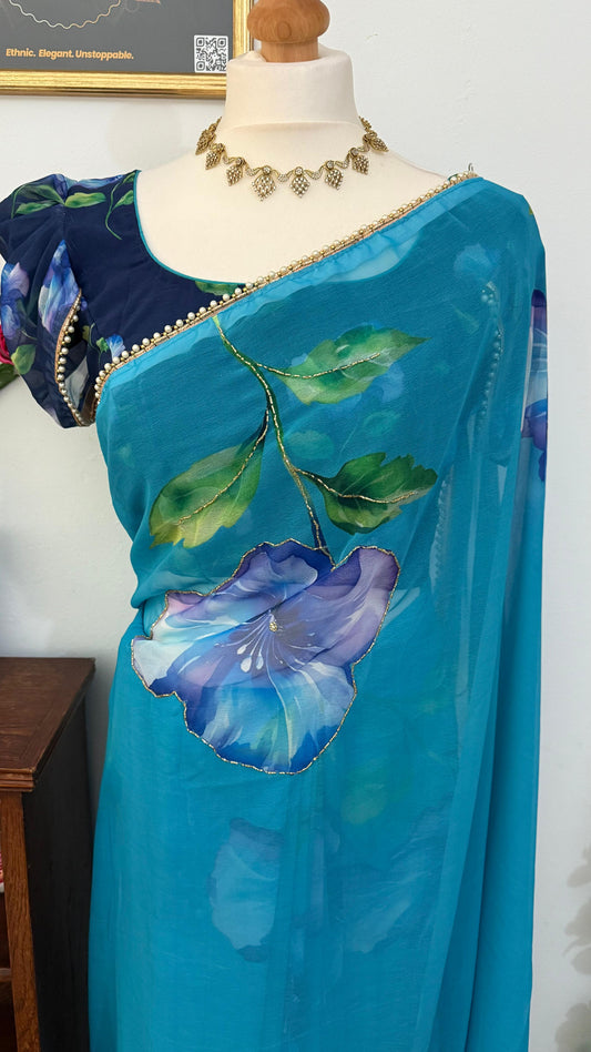 Floral Partywear georgette Saree with stitched blouse