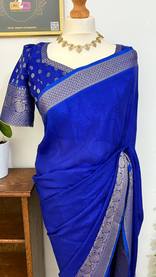 Partywear georgette Saree Combo with Zari Border & Stitched blouse & matchings