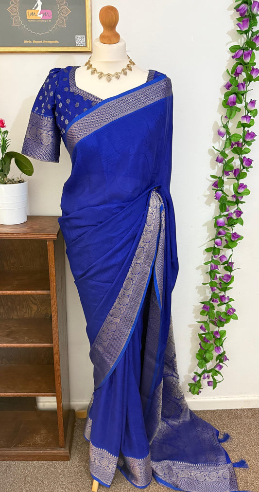 Partywear georgette Saree Combo with Zari Border & Stitched blouse & matchings