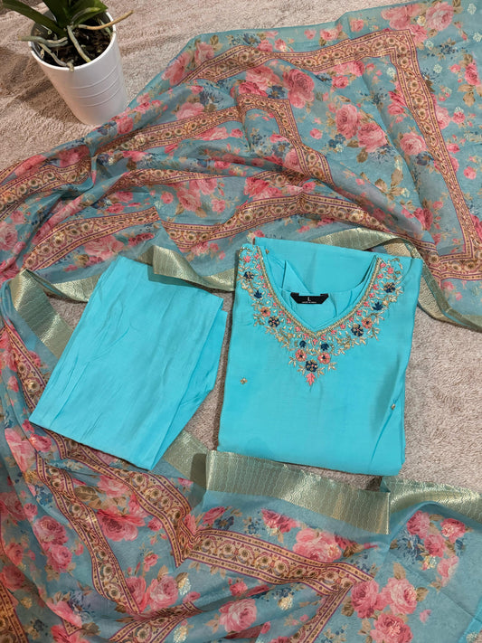 Semi Party Wear 3 piece set - Kurti, bottom and dupatta - Blue