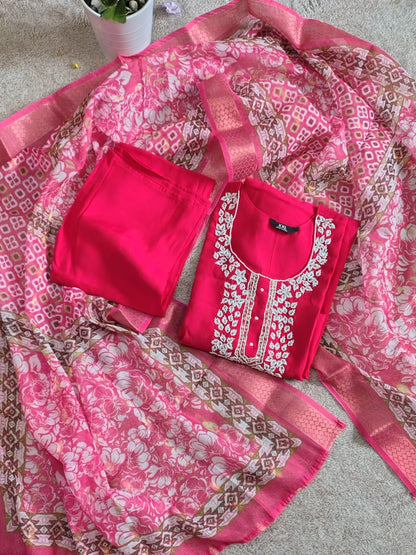 Semi Party Wear 3 piece set - Kurti, bottom and dupatta - Rani Pink