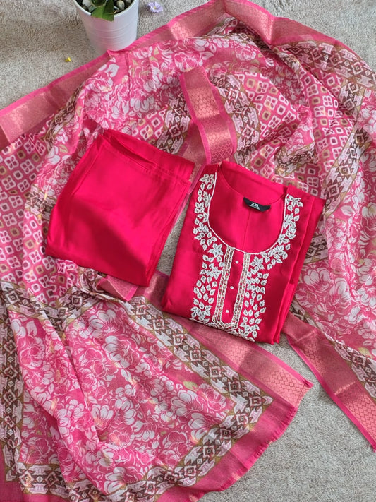 Semi Party Wear 3 piece set - Kurti, bottom and dupatta - Rani Pink