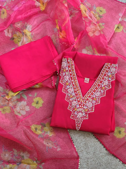 Semi Party Wear 3 piece set - Kurti, bottom and dupatta - Rani Pink