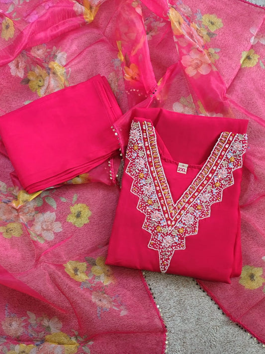 Semi Party Wear 3 piece set - Kurti, bottom and dupatta - Rani Pink