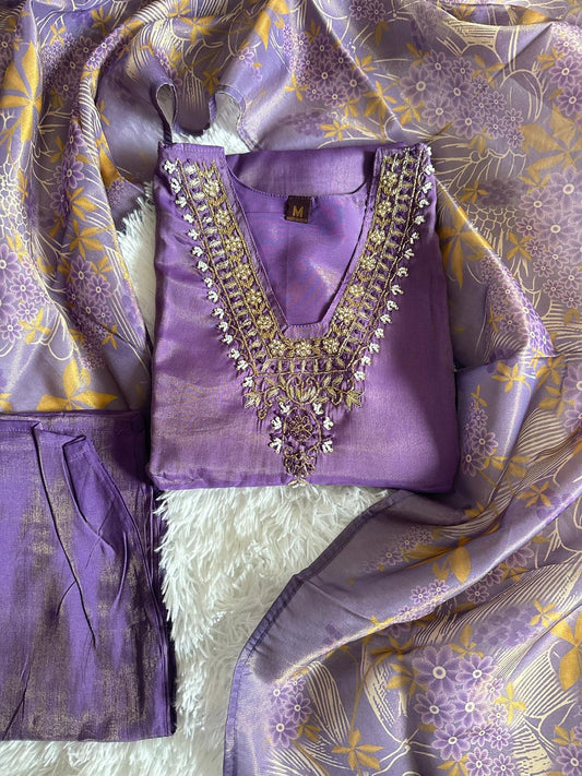 Semi Party Wear 3 piece set - Kurti, bottom and dupatta - Purple