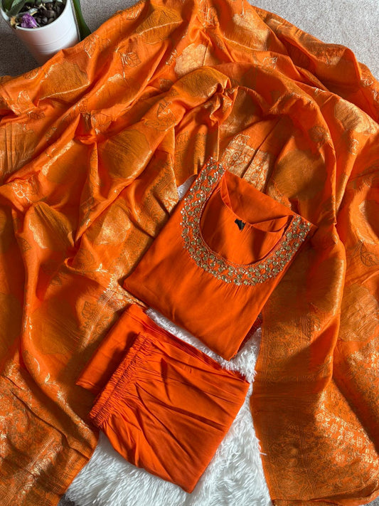 Party Wear 3 Piece Kurti Set-Top, Bottom and Dupatta-Orange